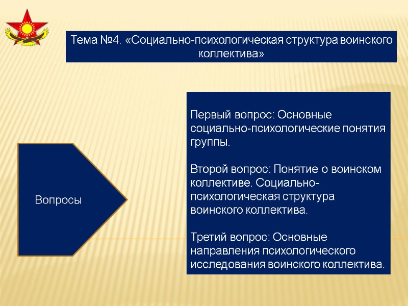 Первый вопрос: Основные социально-психологические понятия группы.  Второй вопрос: Понятие о воинском коллективе. Социально-психологическая